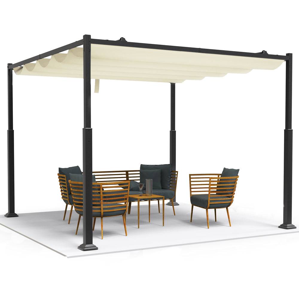 VOUNOT® Pergola rétractable 3x3m en metal et toile polyester haute densite 180 g/m² beige - Image 1