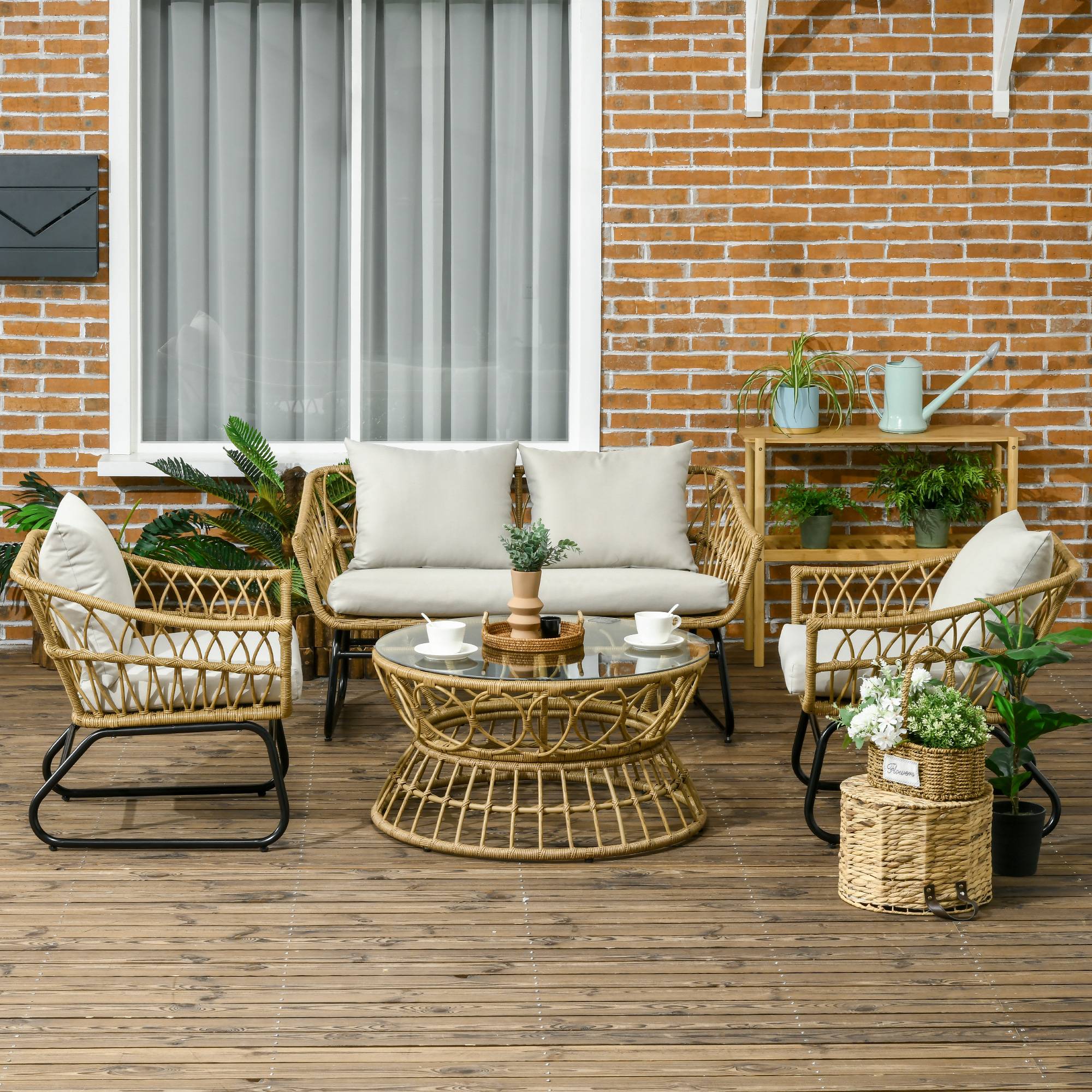 Outsunny - Salon de jardin 4 places 4 pièces 7 coussins inclus acier époxy résine tressée beige - Outsunny - Image 2