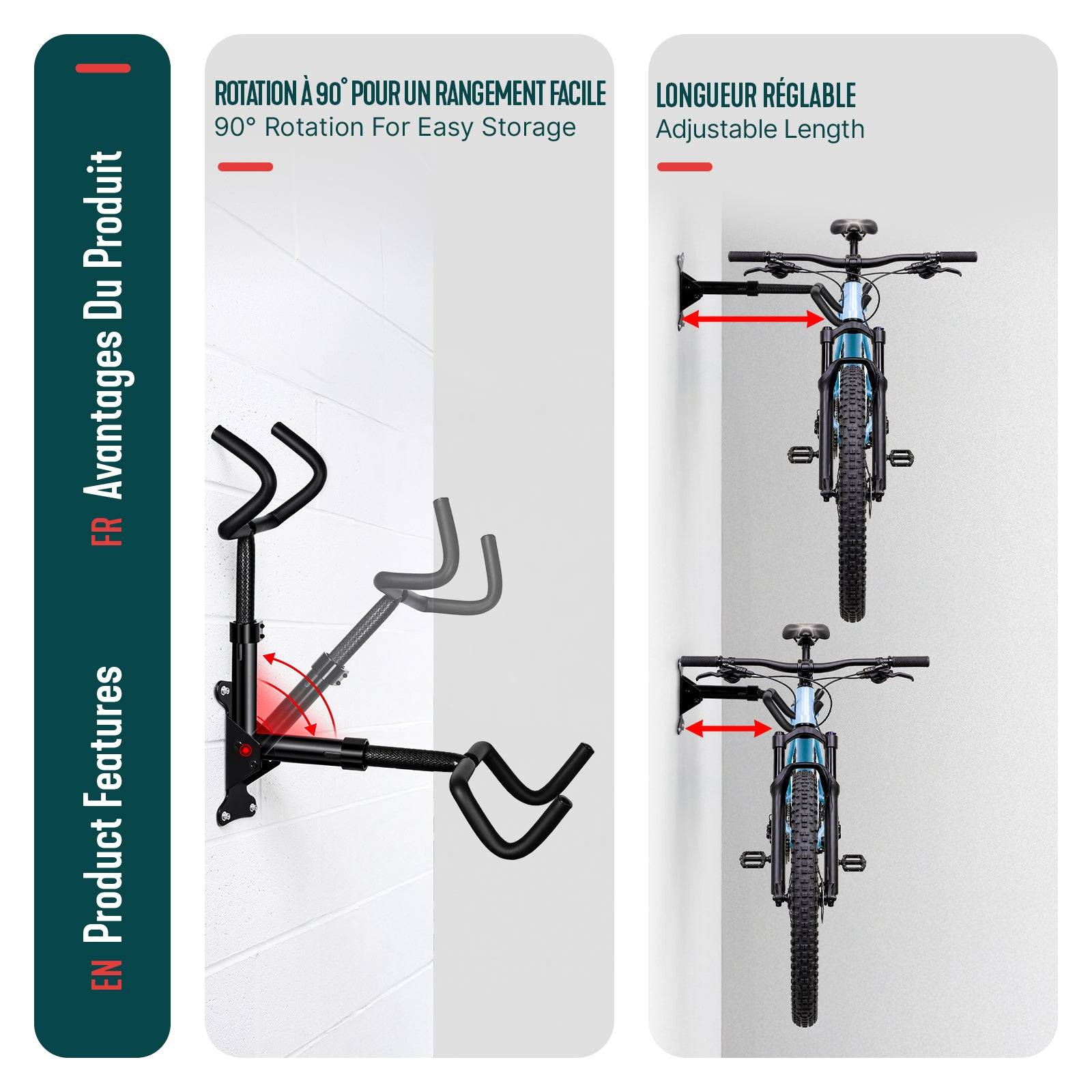 Vounot - Support mural pour vélos réglable et pliable - Métal - Charge max 30kg - Noir - VOUNOT® - Image 4