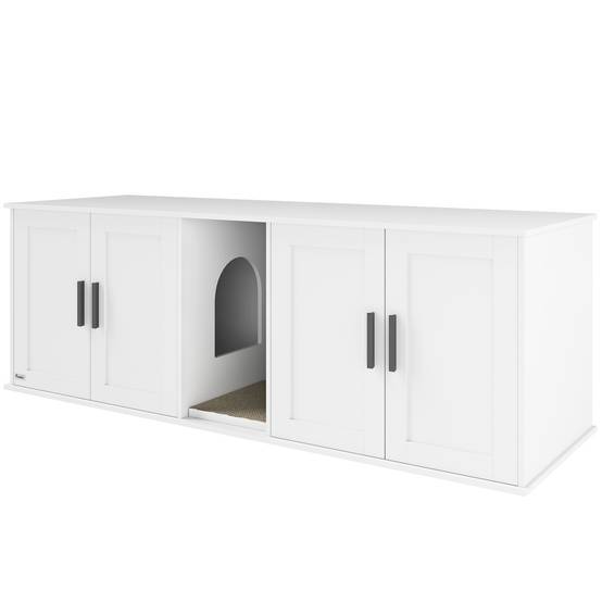 ComfortXL - Meuble litière pour chat MDF blanc 145 x 49 x 51 cm double compartiment avec porte et tapis griffoir - Image 2