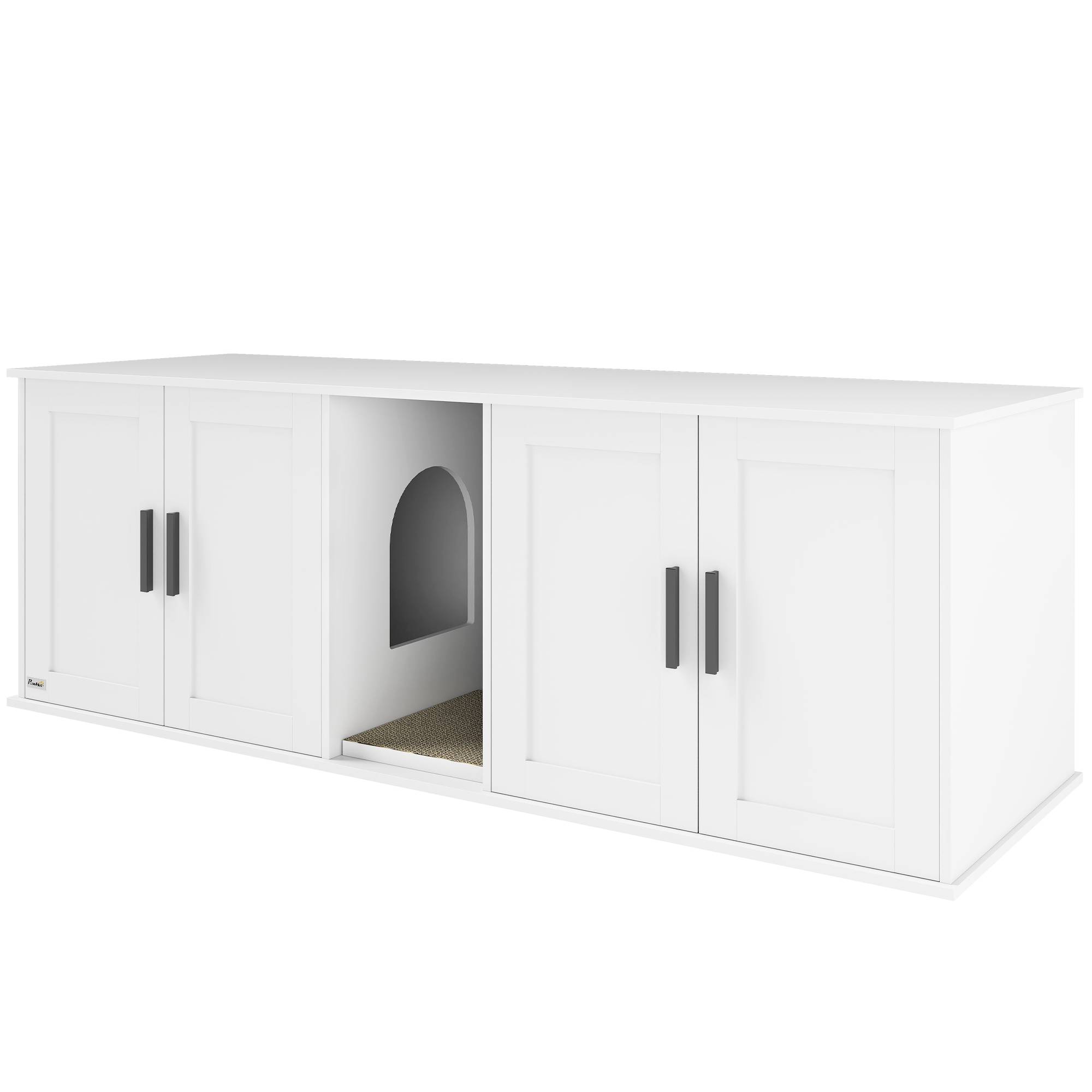 ComfortXL - Meuble litière pour chat MDF blanc 145 x 49 x 51 cm double compartiment avec porte et tapis griffoir - Image 2