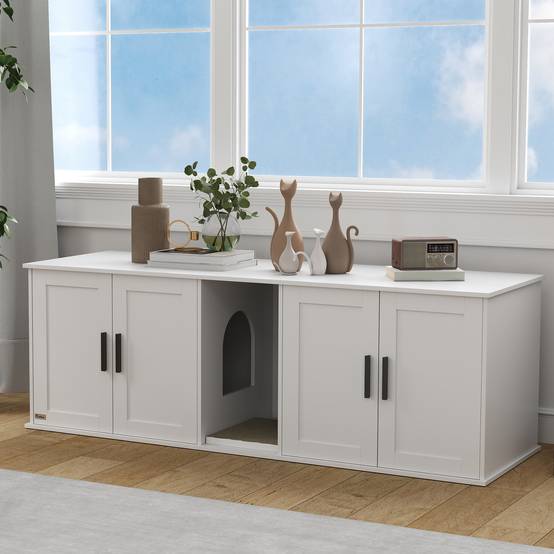 ComfortXL - Meuble litière pour chat MDF blanc 145 x 49 x 51 cm double compartiment avec porte et tapis griffoir - Image 9