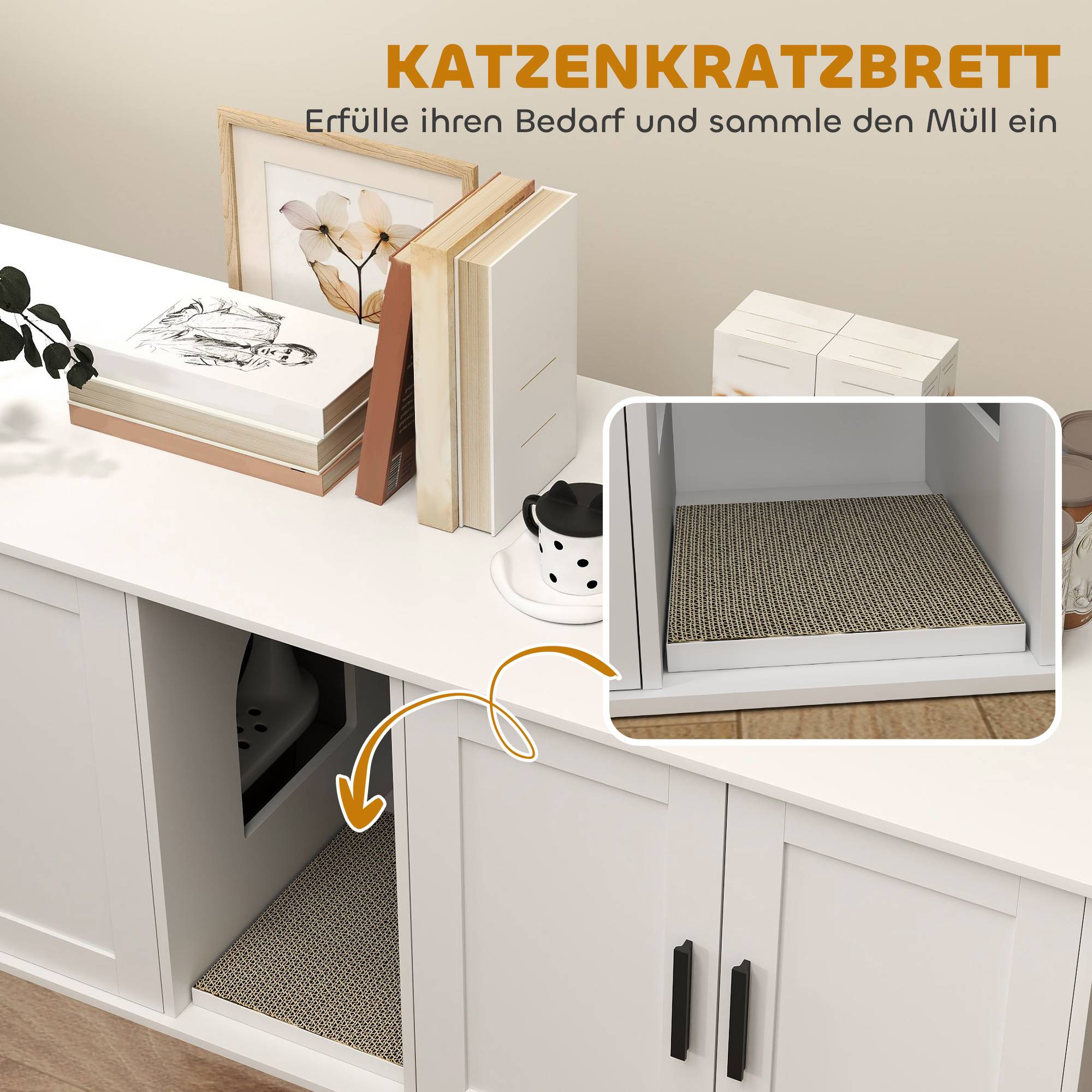 ComfortXL - Meuble litière pour chat MDF blanc 145 x 49 x 51 cm double compartiment avec porte et tapis griffoir - Image 7