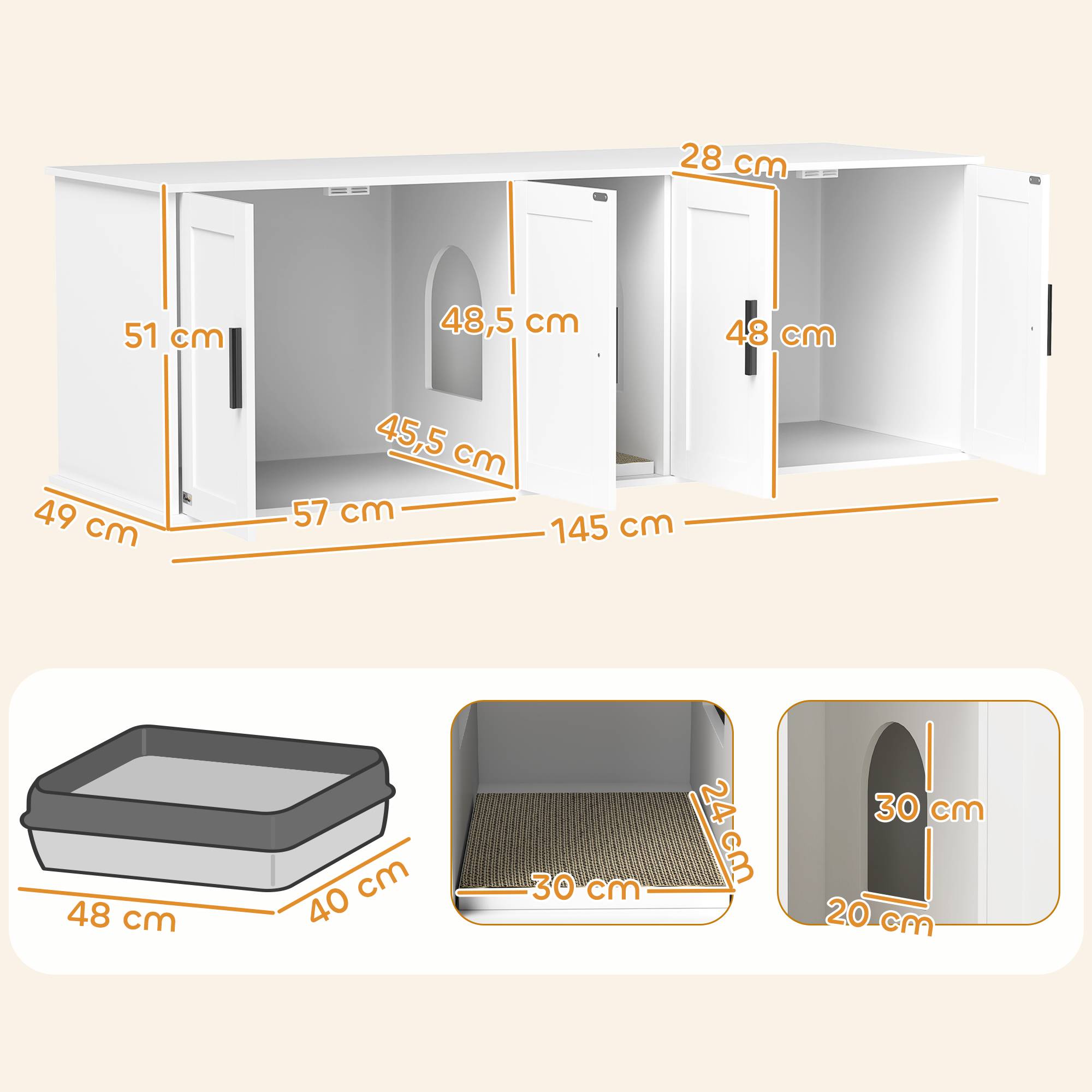 ComfortXL - Meuble litière pour chat MDF blanc 145 x 49 x 51 cm double compartiment avec porte et tapis griffoir - Image 3