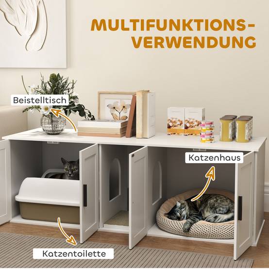 ComfortXL - Meuble litière pour chat MDF blanc 145 x 49 x 51 cm double compartiment avec porte et tapis griffoir - Image 4