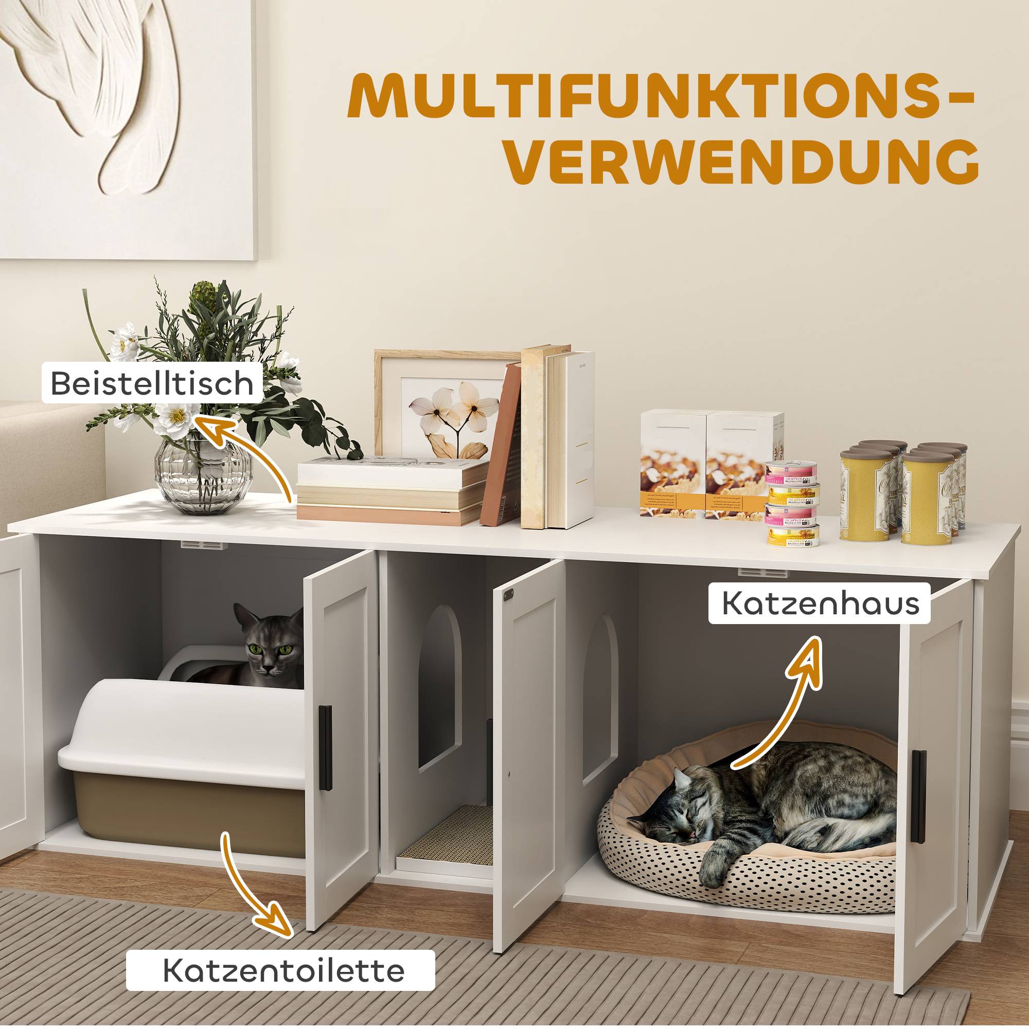 ComfortXL - Meuble litière pour chat MDF blanc 145 x 49 x 51 cm double compartiment avec porte et tapis griffoir - Image 4