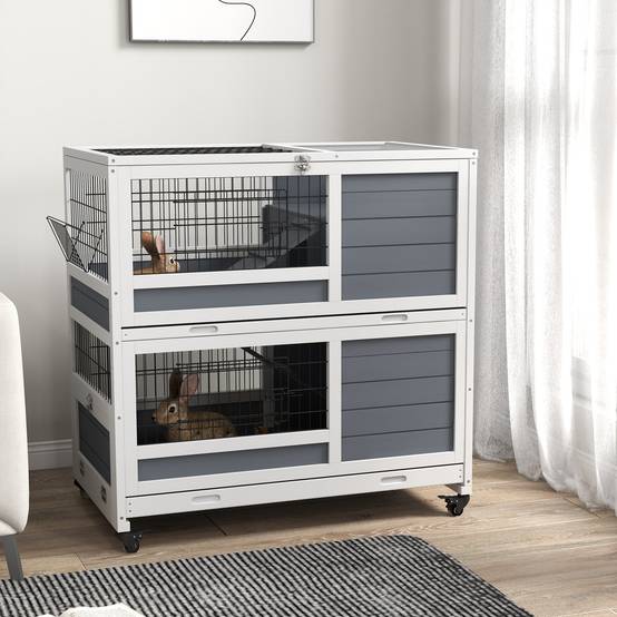 Clapier intérieur lapin bois sapin maison sur roulettes 2 plateaux 90cm gris - ComfortXL Outdoor Living - Image 3