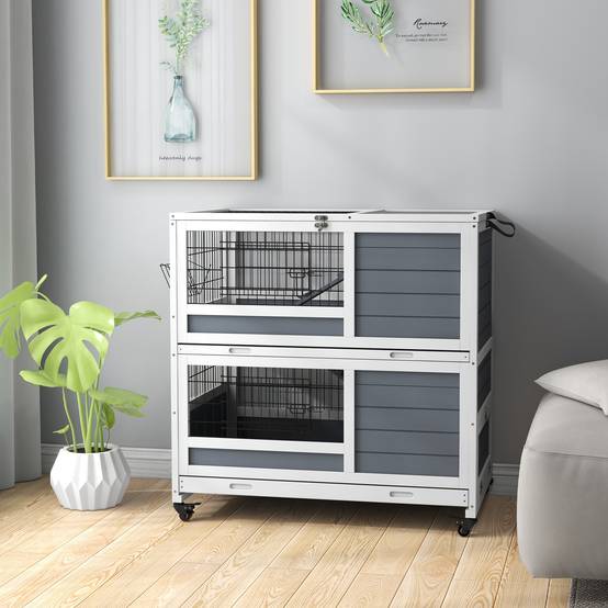 Clapier intérieur lapin bois sapin maison sur roulettes 2 plateaux 90cm gris - ComfortXL Outdoor Living - Image 4