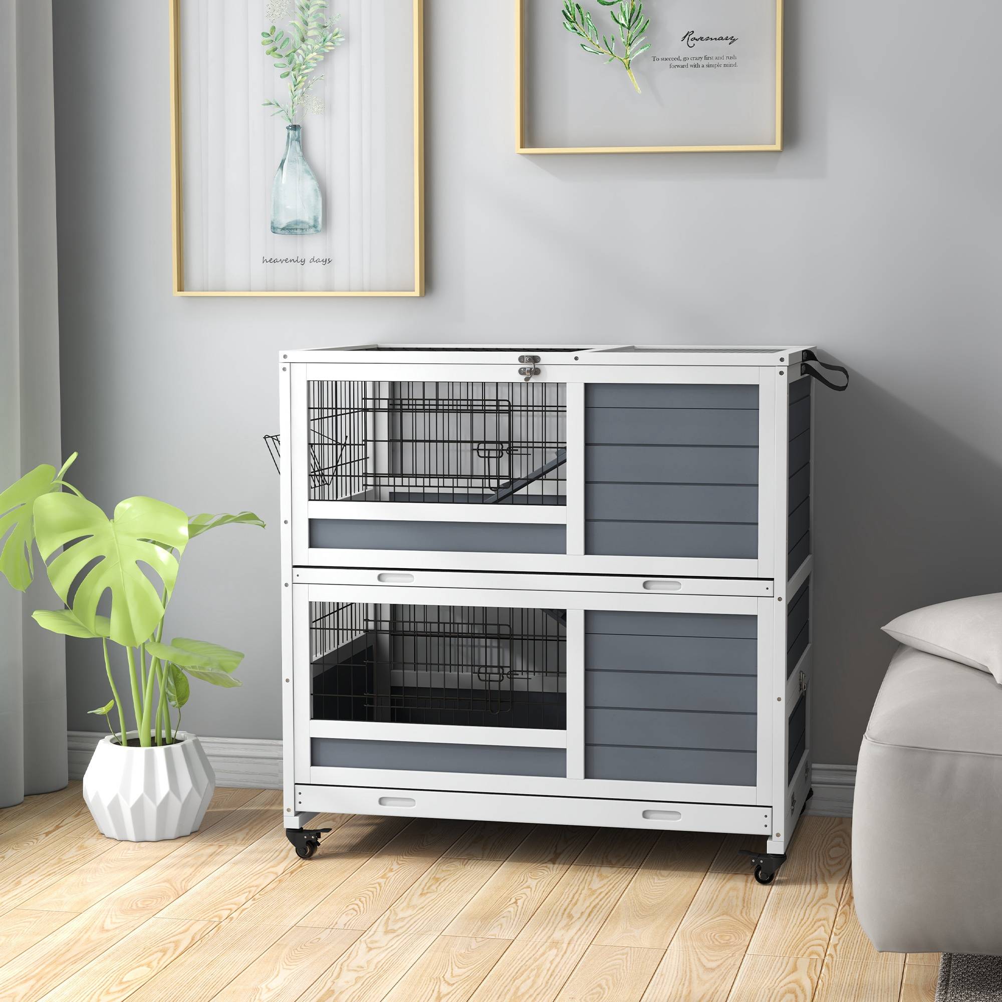 Clapier intérieur lapin bois sapin maison sur roulettes 2 plateaux 90cm gris - ComfortXL Outdoor Living - Image 4
