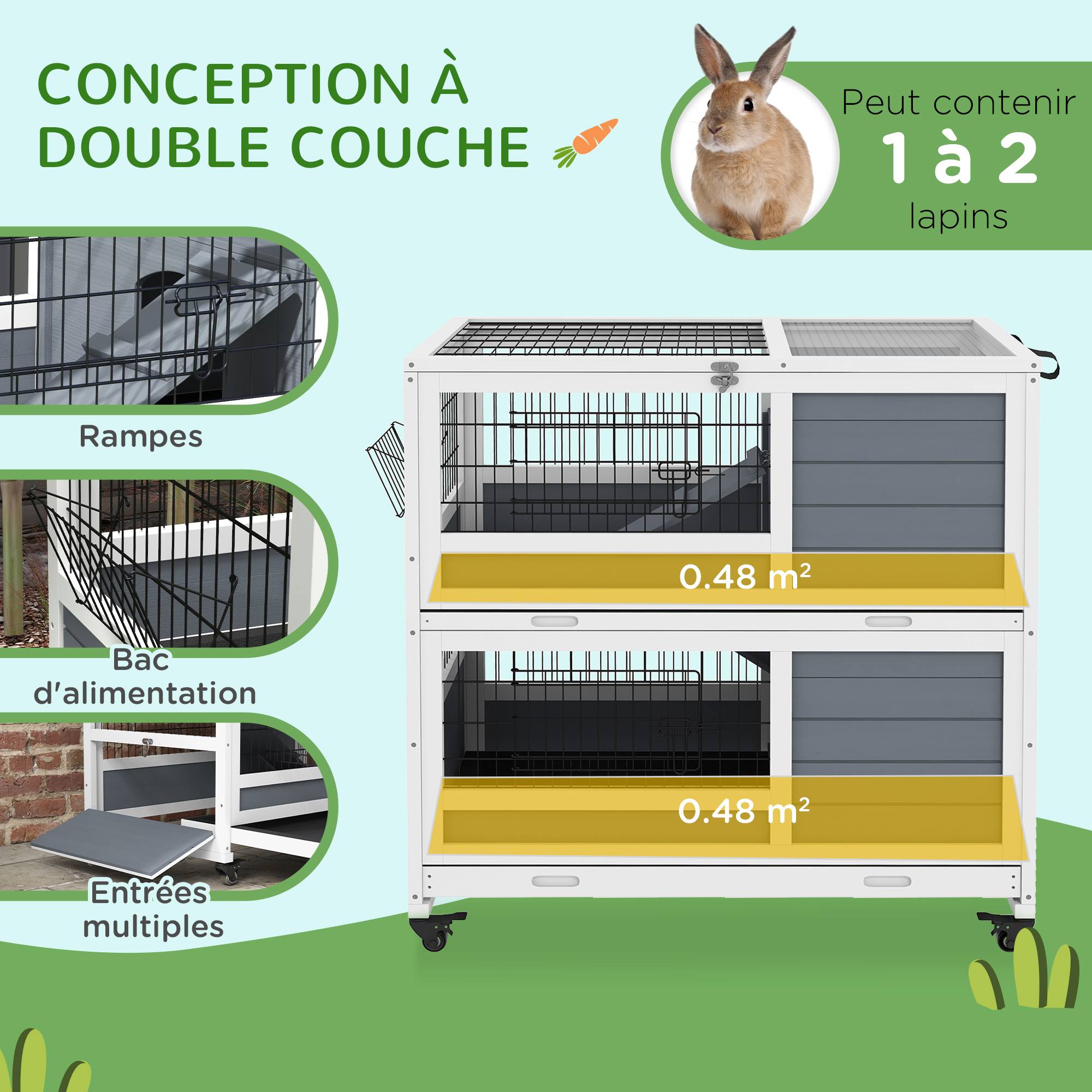 Clapier intérieur lapin bois sapin maison sur roulettes 2 plateaux 90cm gris - ComfortXL Outdoor Living - Image 6