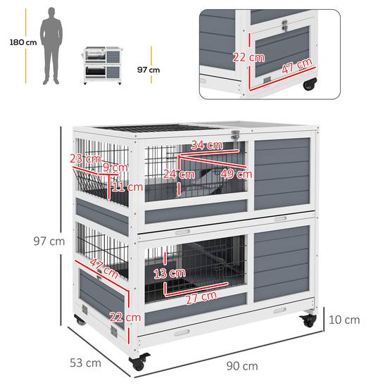 Clapier intérieur lapin bois sapin maison sur roulettes 2 plateaux 90cm gris - ComfortXL Outdoor Living - Image 5
