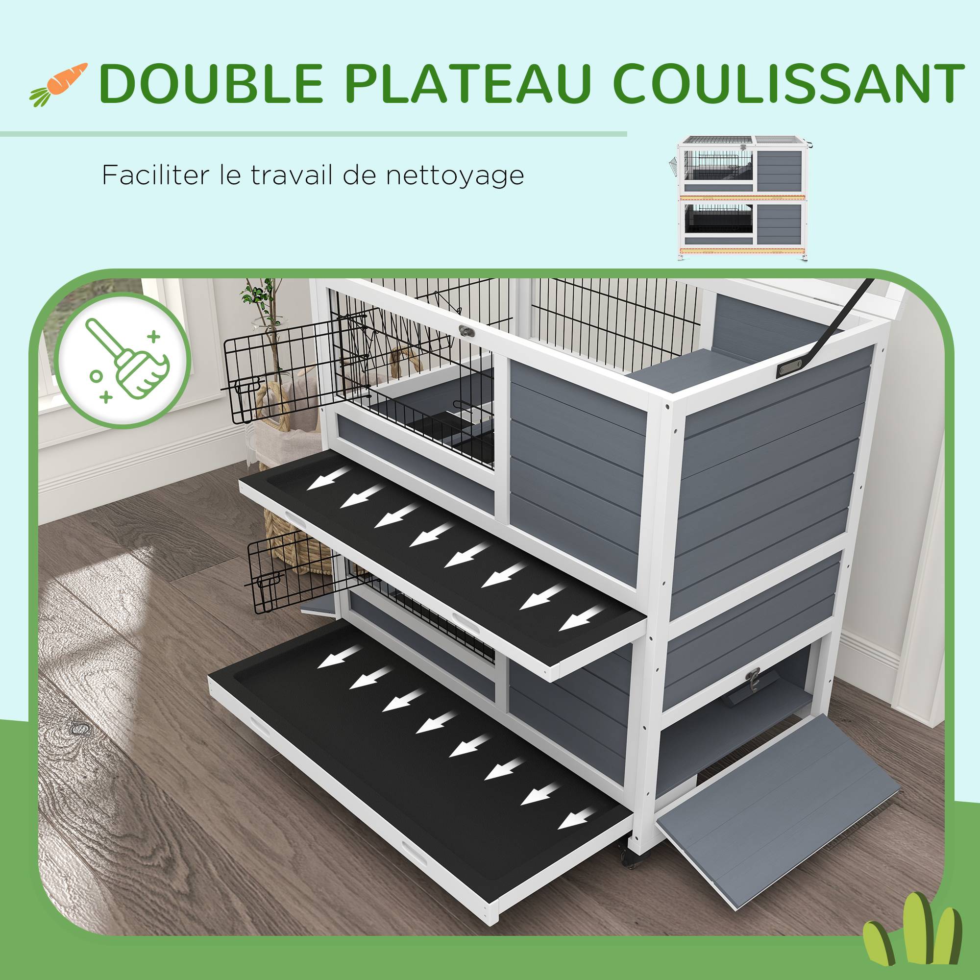 Clapier intérieur lapin bois sapin maison sur roulettes 2 plateaux 90cm gris - ComfortXL Outdoor Living - Image 8
