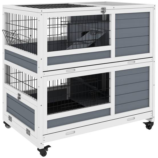 Clapier intérieur lapin bois sapin maison sur roulettes 2 plateaux 90cm gris - ComfortXL Outdoor Living - Image 1