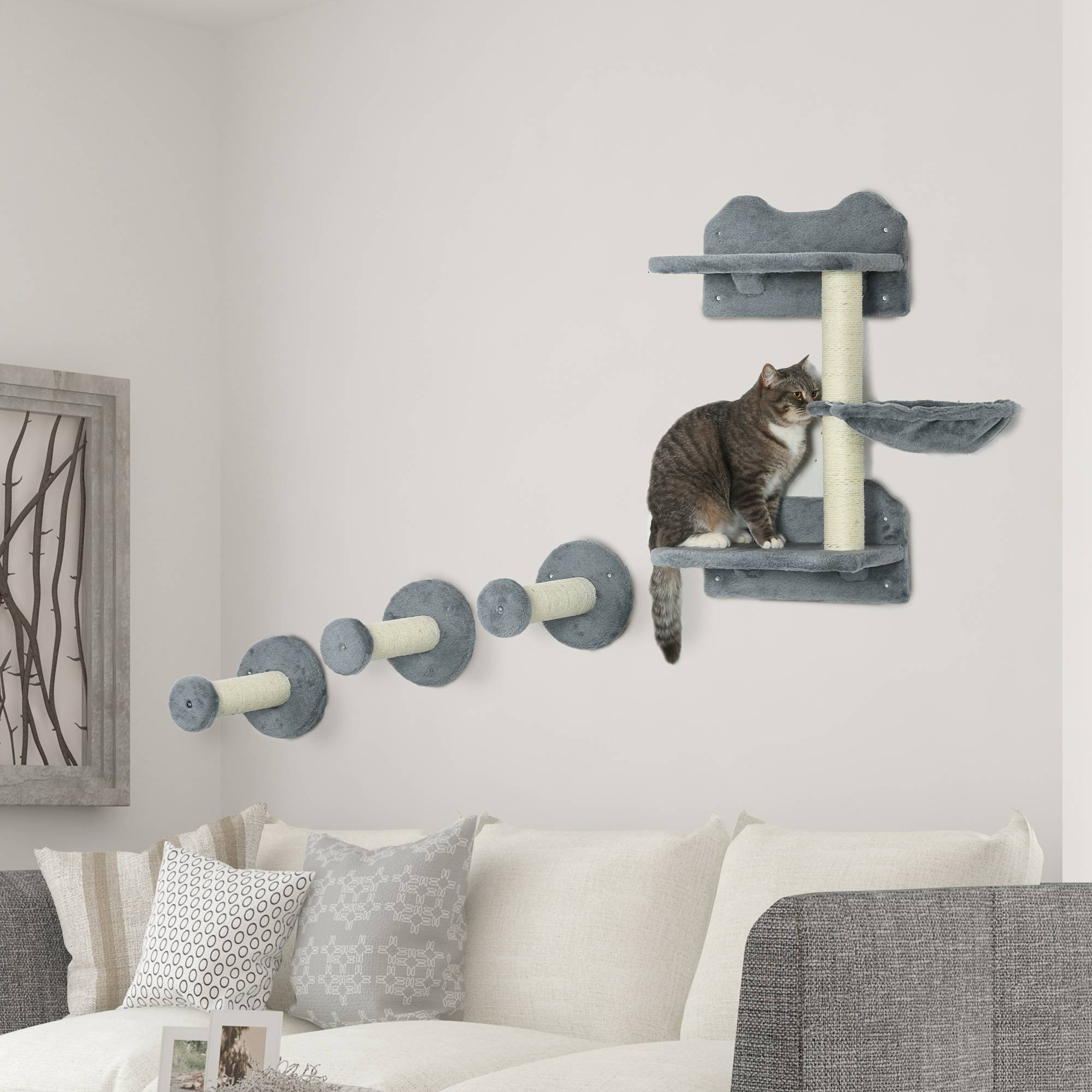 Marches d'escalade, mur, escalier chat, set 4 pièces, arbre à chat, hamac, gris+crème, 40 x 28 x 73 cm - Image 4
