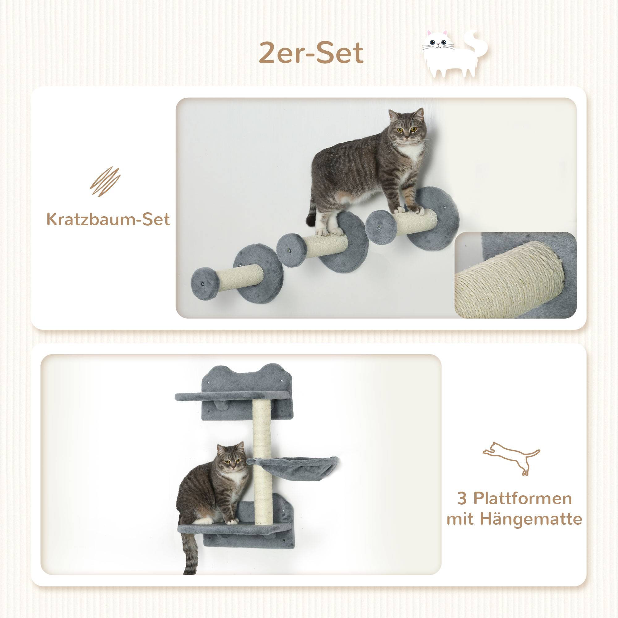 Marches d'escalade, mur, escalier chat, set 4 pièces, arbre à chat, hamac, gris+crème, 40 x 28 x 73 cm - Image 7