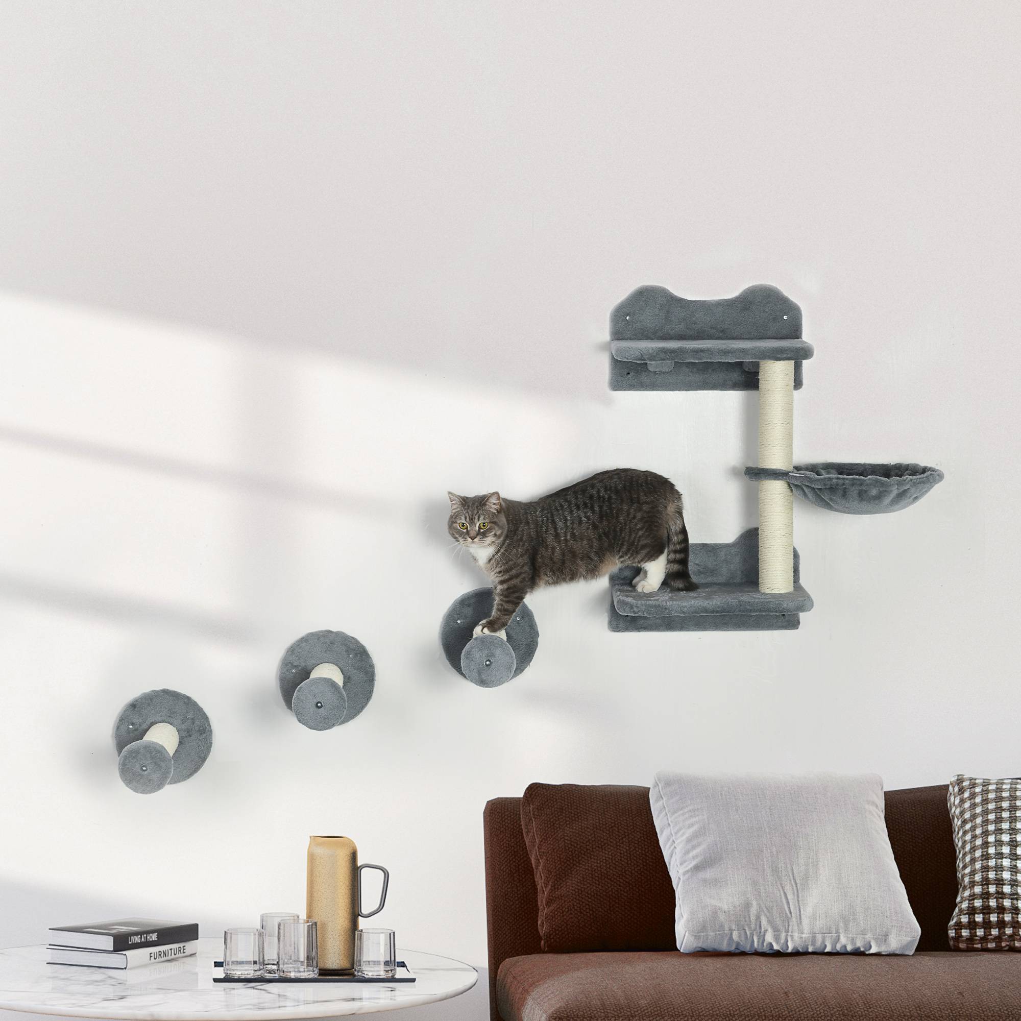 Marches d'escalade, mur, escalier chat, set 4 pièces, arbre à chat, hamac, gris+crème, 40 x 28 x 73 cm - Image 3