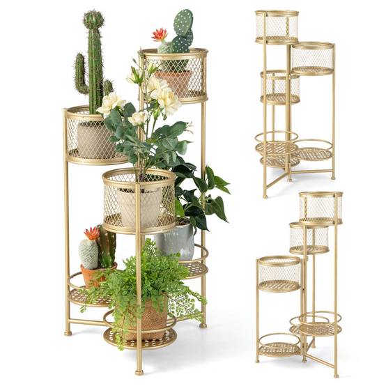 Étagère à fleurs pliable en métal avec 6 tablettes porte plante doré à angle réglable pour intérieur extérieur charge 10 kg - Image 1