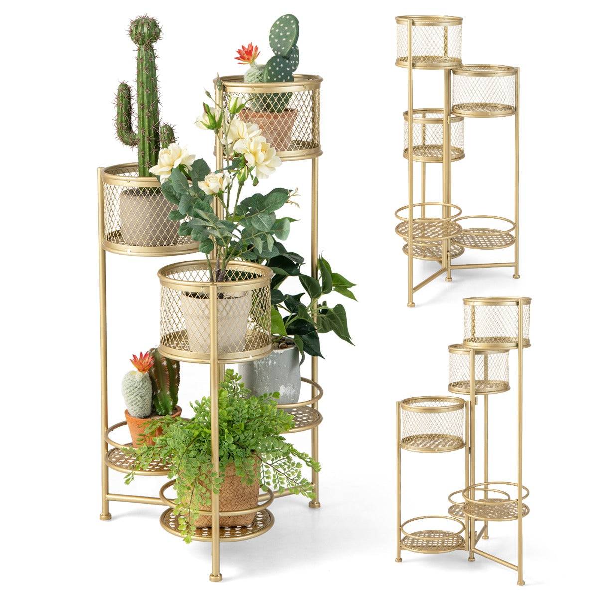 Étagère à fleurs pliable en métal avec 6 tablettes porte plante doré à angle réglable pour intérieur extérieur charge 10 kg - Image 1