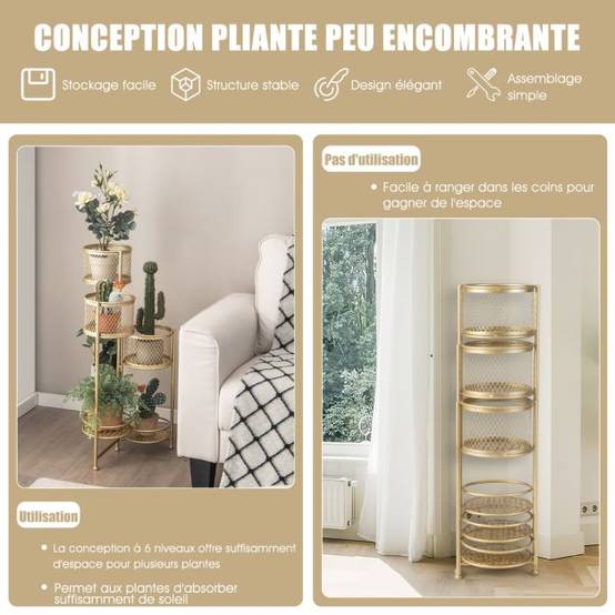 Étagère à fleurs pliable en métal avec 6 tablettes porte plante doré à angle réglable pour intérieur extérieur charge 10 kg - Image 2