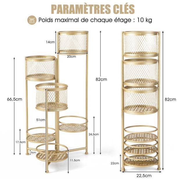 Étagère à fleurs pliable en métal avec 6 tablettes porte plante doré à angle réglable pour intérieur extérieur charge 10 kg - Image 3