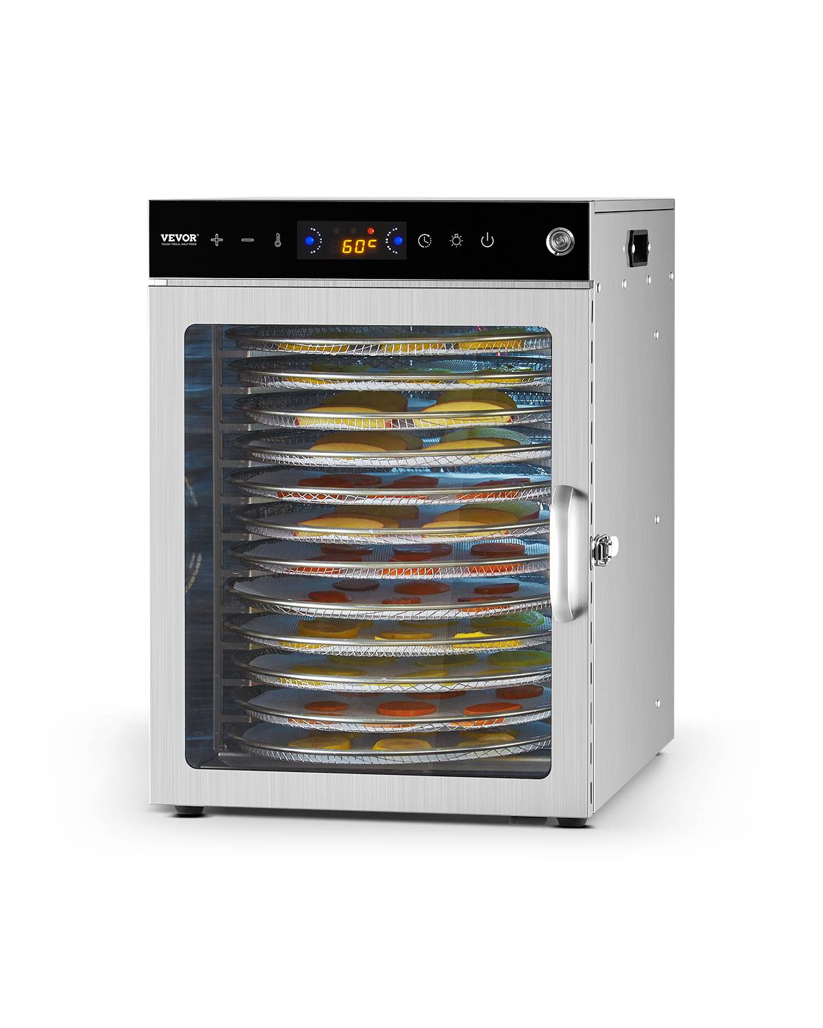 VEVOR Déshydrateur alimentaire rotatif 12 plateaux inox 800W, température/minuterie réglables, pour viande/fruits. - Image 1
