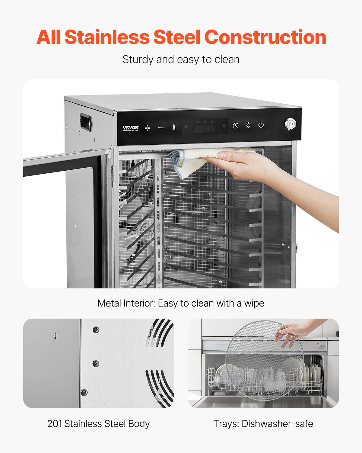 VEVOR Déshydrateur alimentaire rotatif 12 plateaux inox 800W, température/minuterie réglables, pour viande/fruits. - Image 6