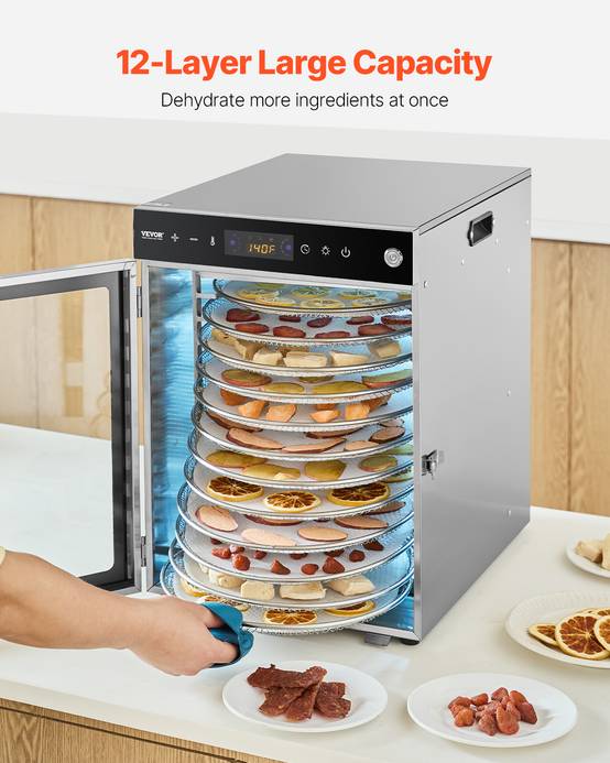 VEVOR Déshydrateur alimentaire rotatif 12 plateaux inox 800W, température/minuterie réglables, pour viande/fruits. - Image 4
