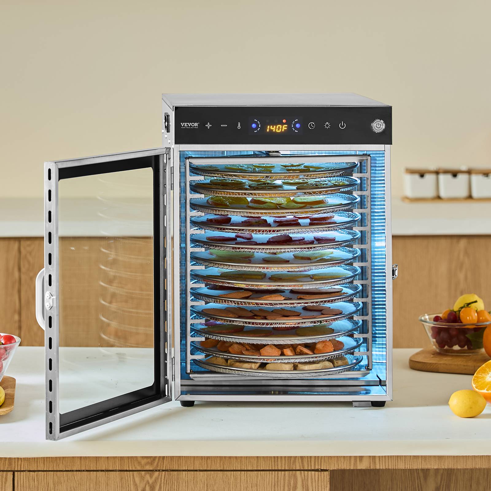 VEVOR Déshydrateur alimentaire rotatif 12 plateaux inox 800W, température/minuterie réglables, pour viande/fruits. - Image 8