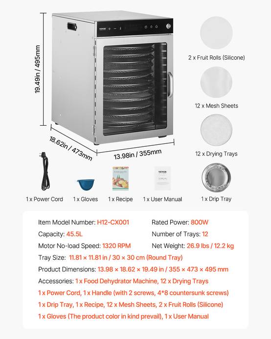 VEVOR Déshydrateur alimentaire rotatif 12 plateaux inox 800W, température/minuterie réglables, pour viande/fruits. - Image 7