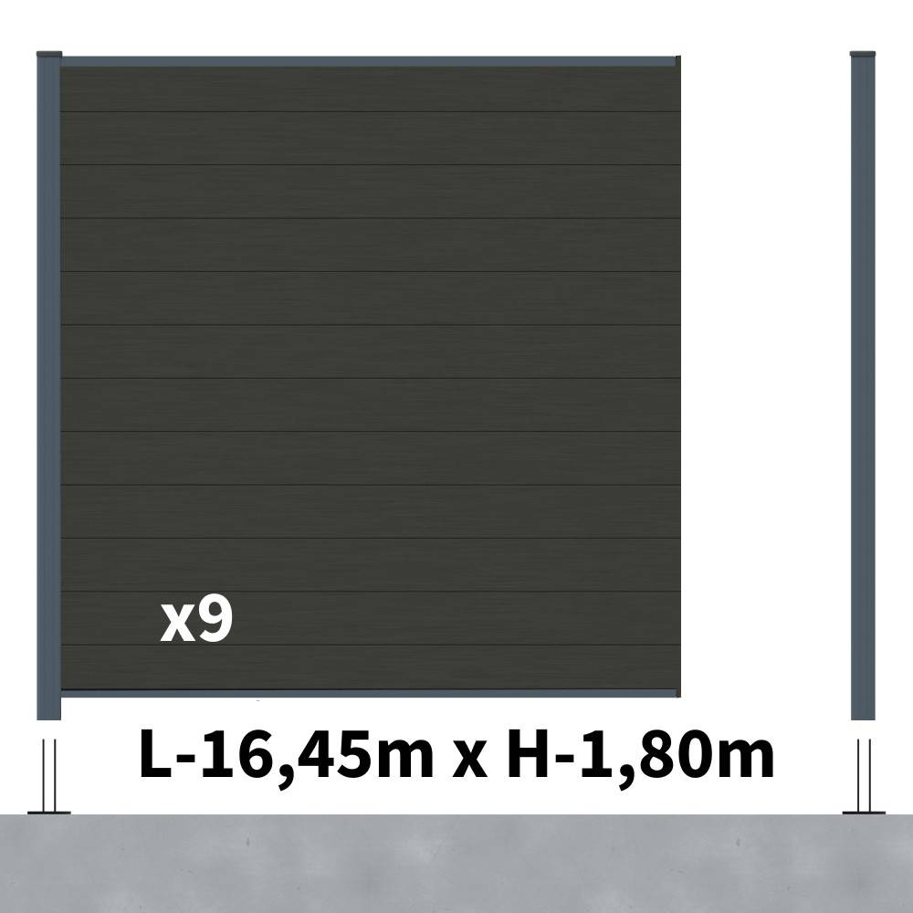 Decklinea - Kit Clôture Composite RIO Anthracite 16,5x1,8m - Bois composite & Aluminium - Poteaux sur Platines Gris - Brise vue - Palissade - Image 2