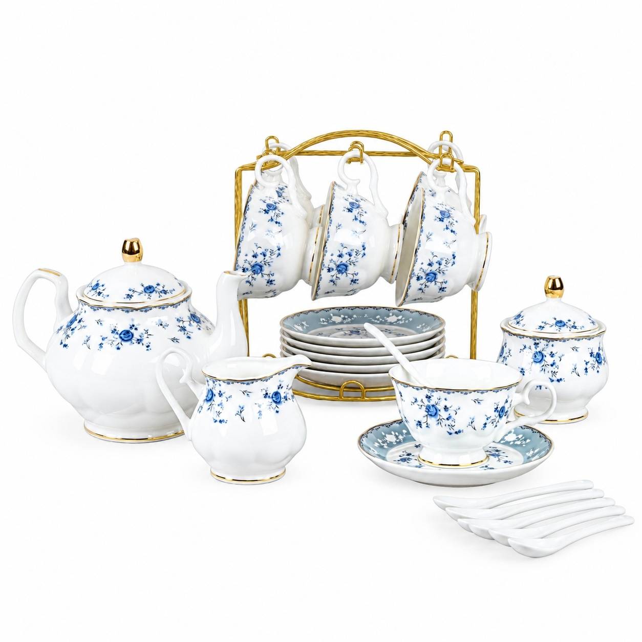 Service à Thé en Porcelaine pour Femme Bleu et Blanc 19 Pièces - Image 1