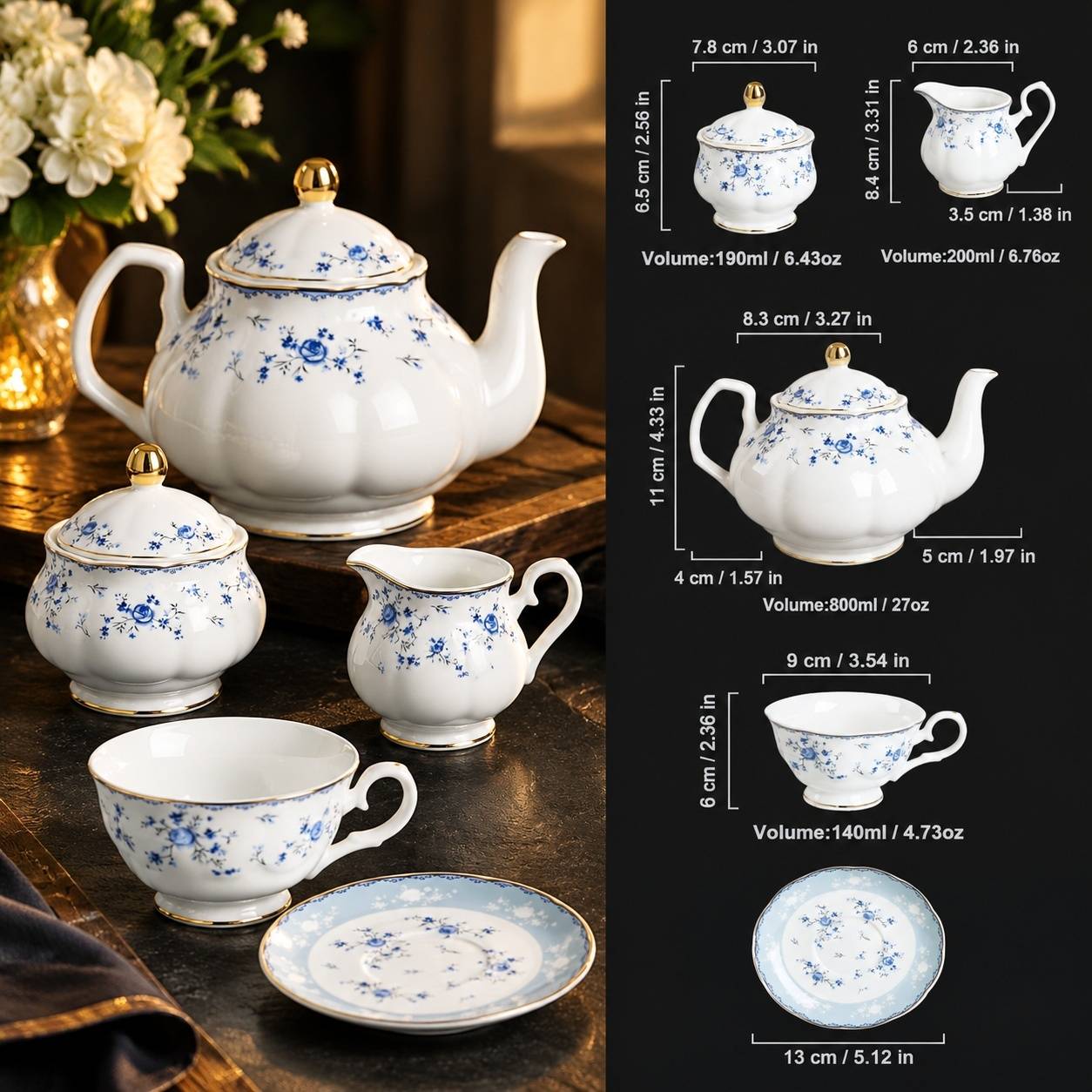Service à Thé en Porcelaine pour Femme Bleu et Blanc 19 Pièces - Image 6