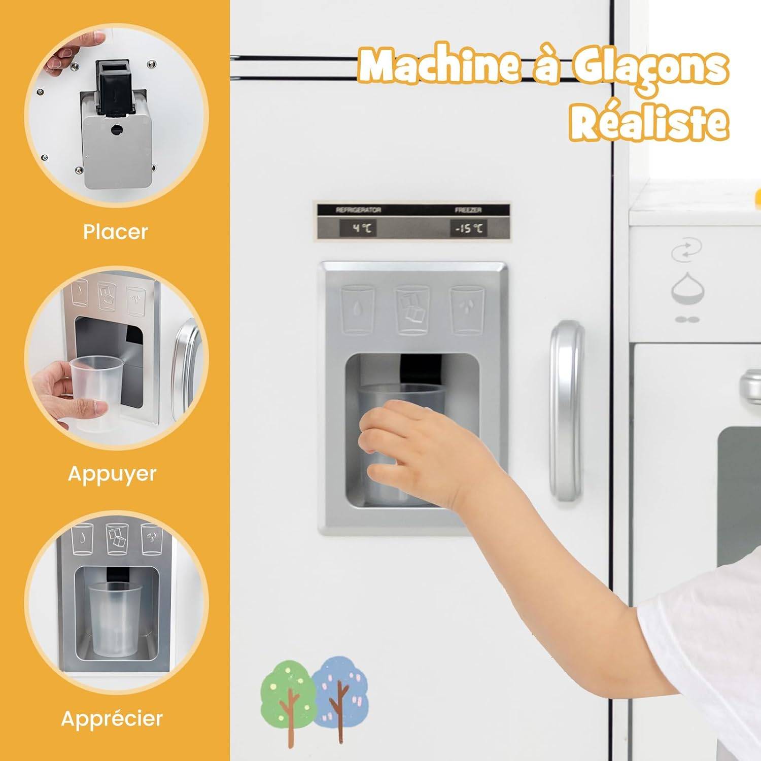 COSTWAY Cuisine D’angle Enfant En Bois – Comptoir Rétractable, Lumières Sons, Réfrigérateur, Machine à Glaçons – 3 Ans+ – Blanc/rose