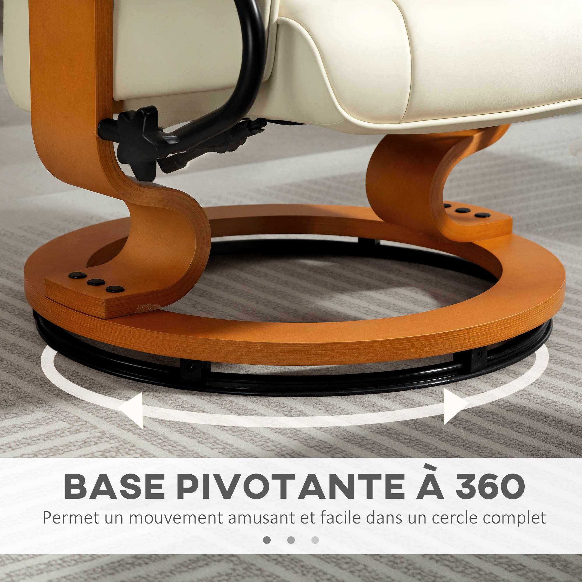 Sans Marque - Fauteuil de relaxation inclinable avec repose-pied, pivotant, cadre en bois , revêtement synthétique crème - Image 7