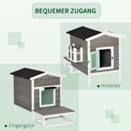Sans Marque - Niche pour chat en bois, résistante hiver/eau, toit asphalte, terrasse, jardin, balcon, 115x66,5x74,7 cm, gris/blanc - Image 9