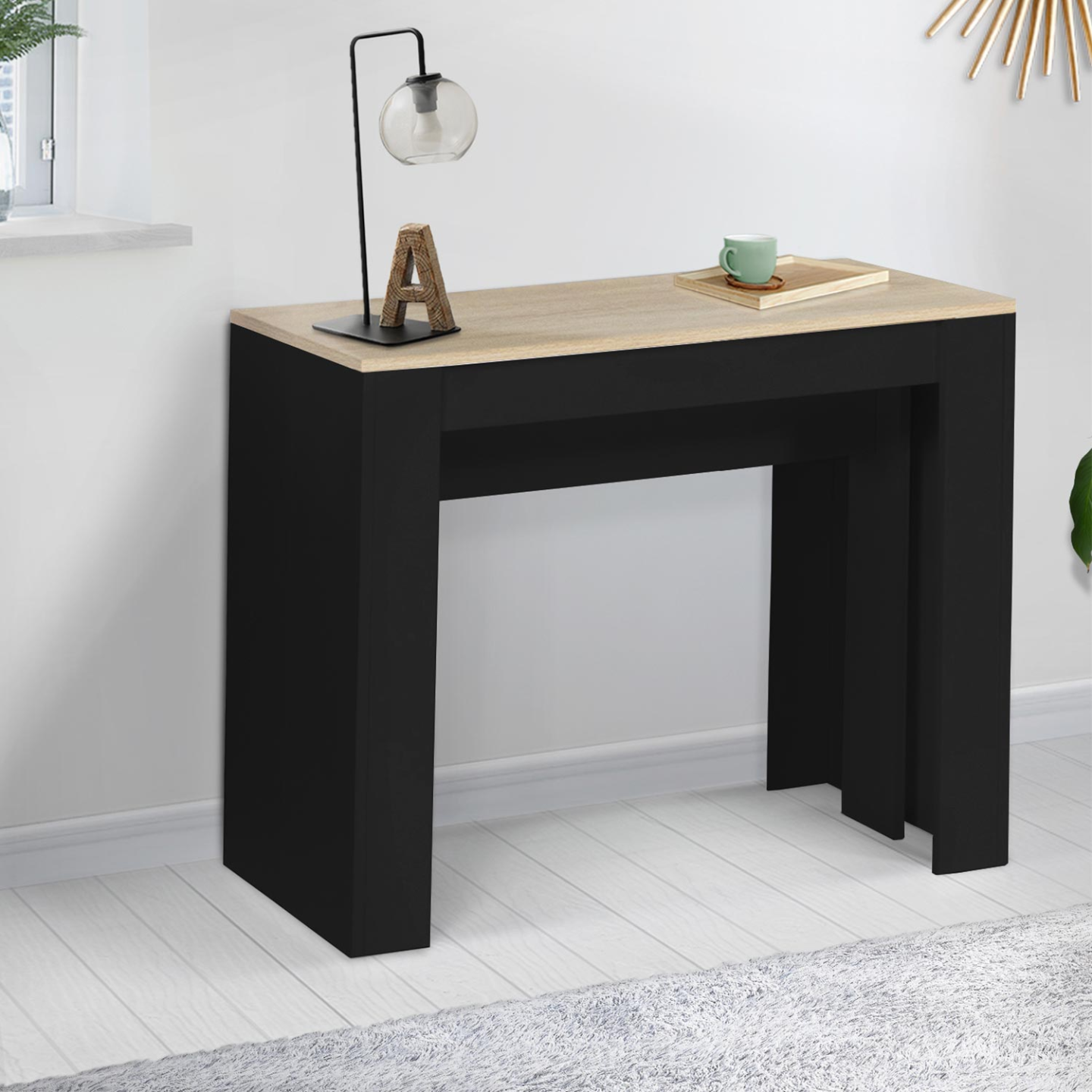 Table console extensible ORLANDO 10 personnes 235 cm bois noir et façon hêtre - Image 3