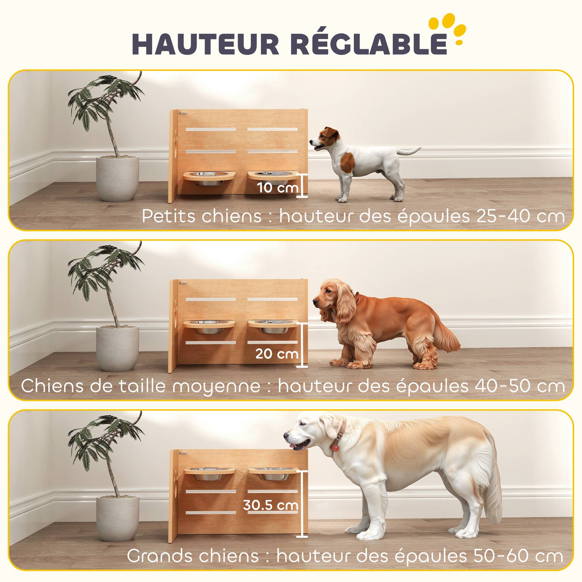 Gamelle chien surélevée de 3 hauteurs ajustables gamelle pour chien 2 bols acier inoxydable 63 x 58,5 x 40 cm chêne - Image 7