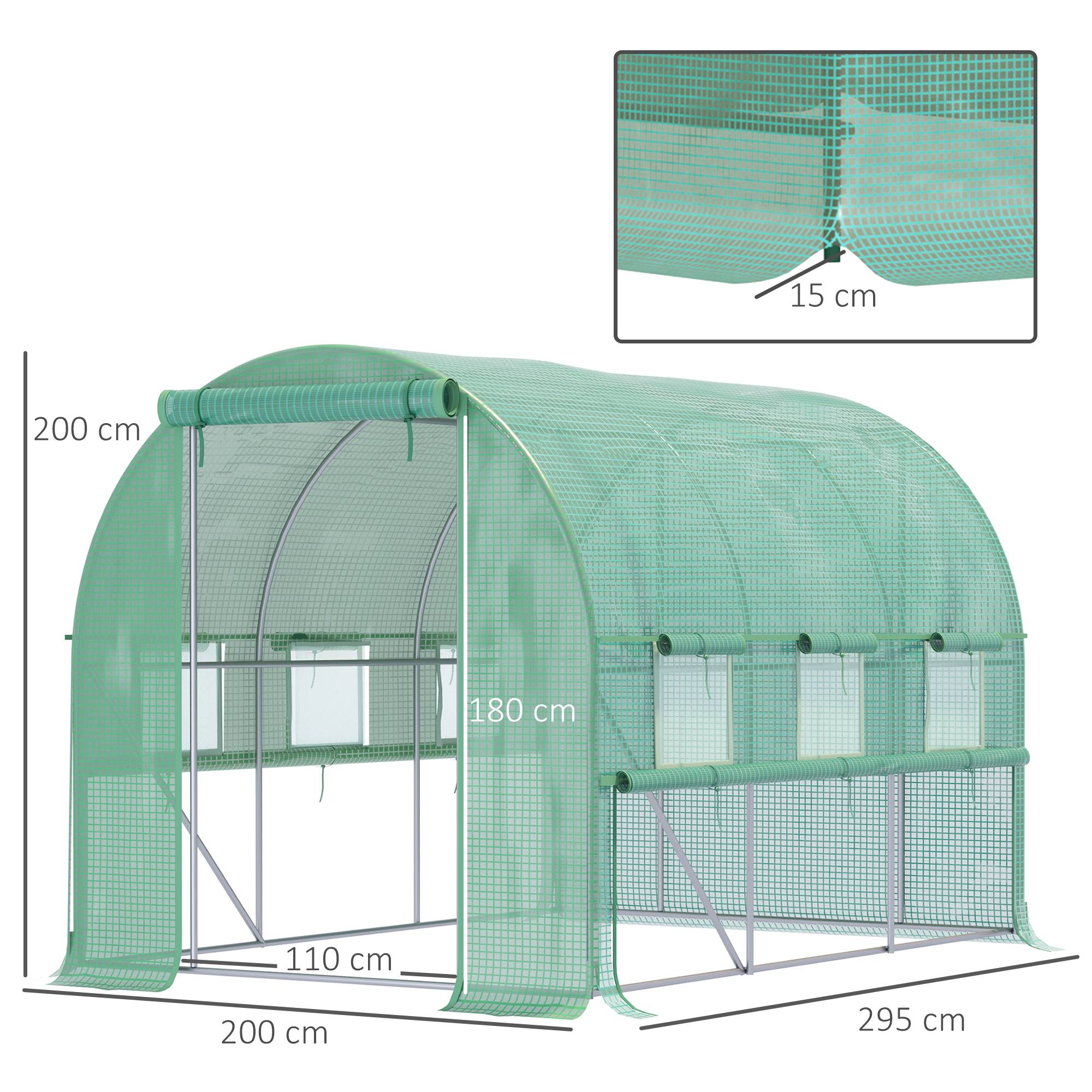 Sans Marque - Serre aluminium 6 fenêtres enroulables porte zip acier inoxydable 2,95x2x2 m verte - Image 5