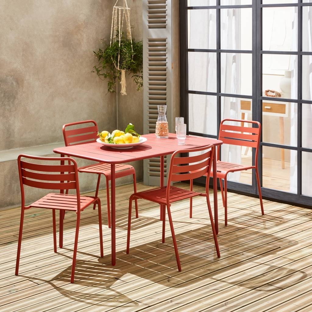 sweeek - Table de jardin métal + 4 assises terracotta en acier. Amelia. 120x70xH72.5cm (12.2kg) | sweeek - Image 1