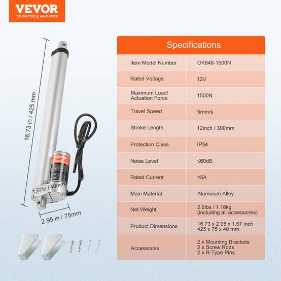 Vevor - VEVOR Actionneur linéaire 12V 300mm 1500N 5mm/s, IP54, pour meubles, automatisation, équipements mécaniques. - Image 7