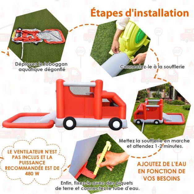 Helloshop26 - Toboggan aquatique gonflable sur thème voiture de pompiers avec piscine à eclaboussures ballon de basket sans gonfleur - Imagen 6