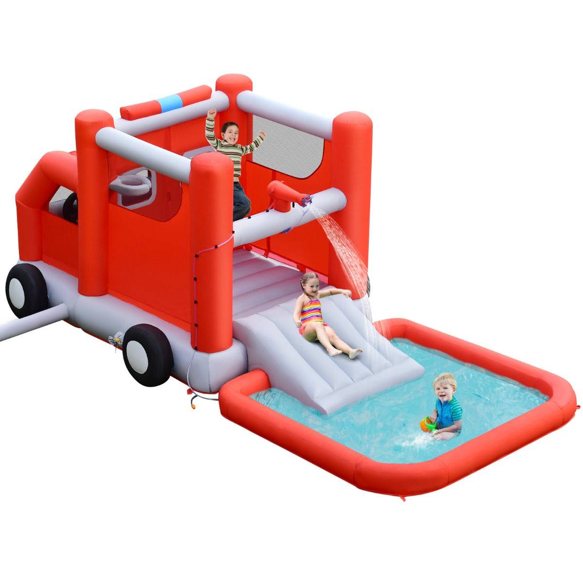 Helloshop26 - Toboggan aquatique gonflable sur thème voiture de pompiers avec piscine à eclaboussures ballon de basket sans gonfleur - Imagen 1