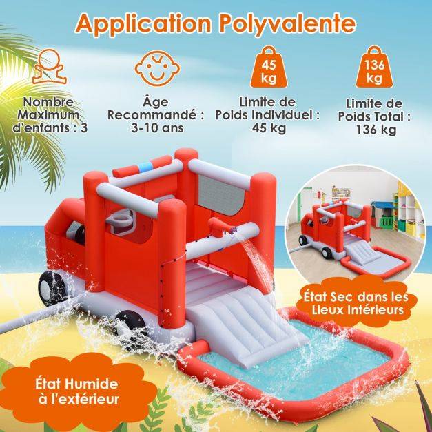 Helloshop26 - Toboggan aquatique gonflable sur thème voiture de pompiers avec piscine à eclaboussures ballon de basket sans gonfleur - Imagen 5