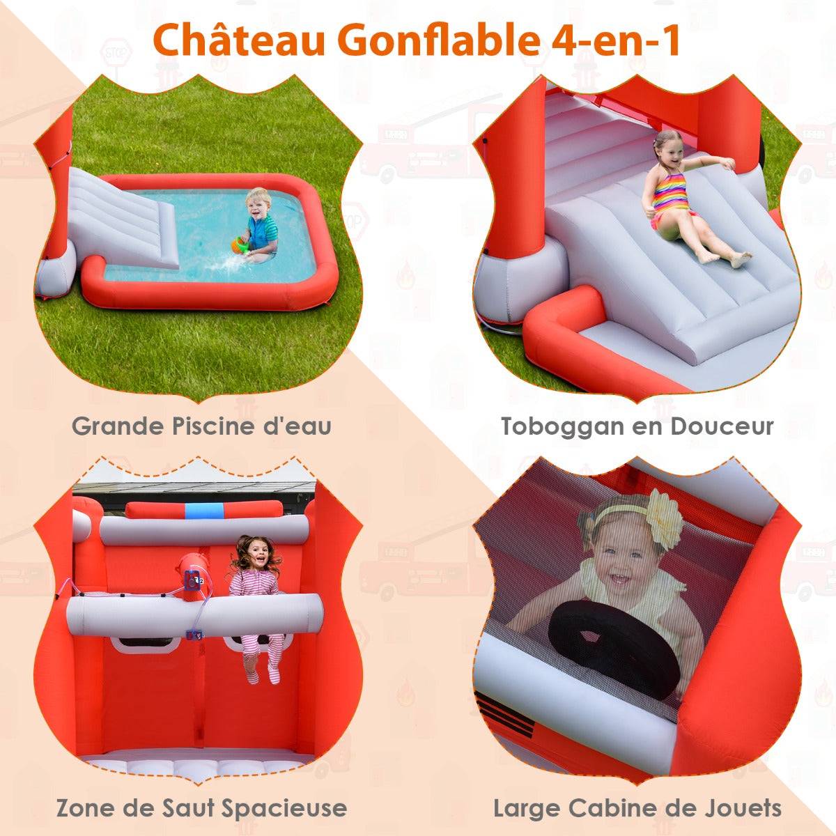 Helloshop26 - Toboggan aquatique gonflable sur thème voiture de pompiers avec piscine à eclaboussures ballon de basket sans gonfleur - Imagen 2