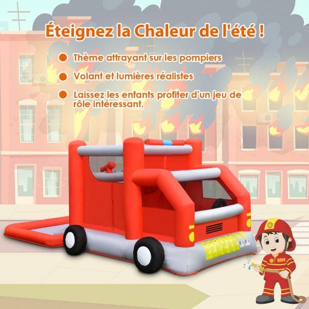 Helloshop26 - Toboggan aquatique gonflable sur thème voiture de pompiers avec piscine à eclaboussures ballon de basket sans gonfleur - Imagen 4