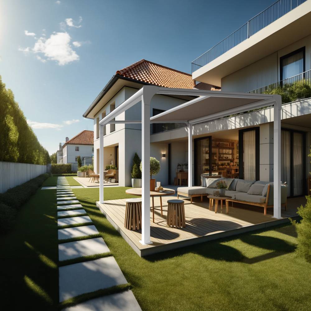 Pergola toile TILA îlot 4,00x3,50m Motorisé à télécommande + manœuvre de secours (Taupe - Blanc) - Alia Productions - Imagen 2