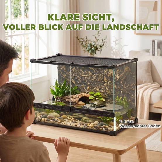 Terrarium pour reptiles en verre 48L avec ventilation frontale, fond pierre, fermeture rotative, 50x30x35 cm, noir - Image 9