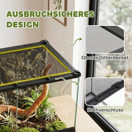 Terrarium pour reptiles en verre 48L avec ventilation frontale, fond pierre, fermeture rotative, 50x30x35 cm, noir - Image 8