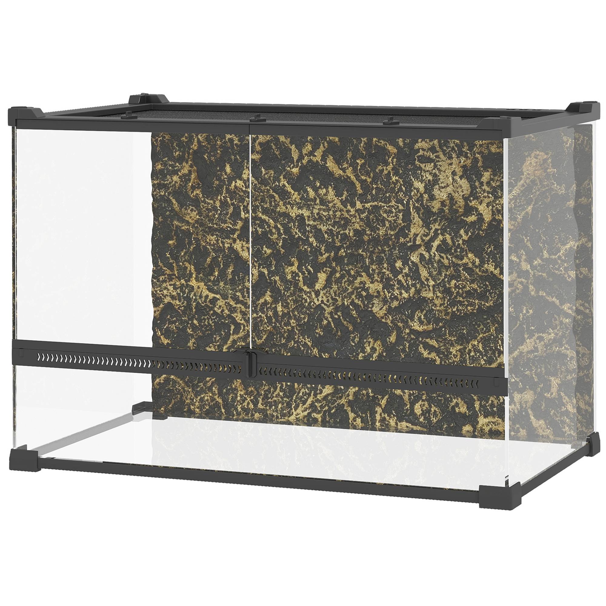 Terrarium pour reptiles en verre 48L avec ventilation frontale, fond pierre, fermeture rotative, 50x30x35 cm, noir - Image 2