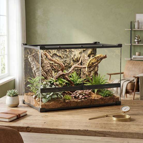 Terrarium pour reptiles en verre 48L avec ventilation frontale, fond pierre, fermeture rotative, 50x30x35 cm, noir - Image 4